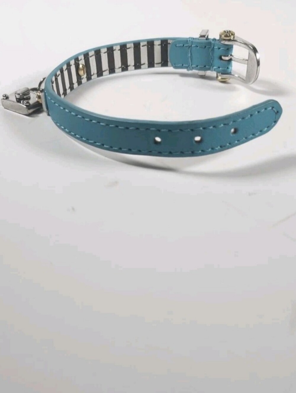 Henri Bendel Vintage Silver Tone Leather Lock Logo Bracelet Turquoise Blue - Picture 6 of 16